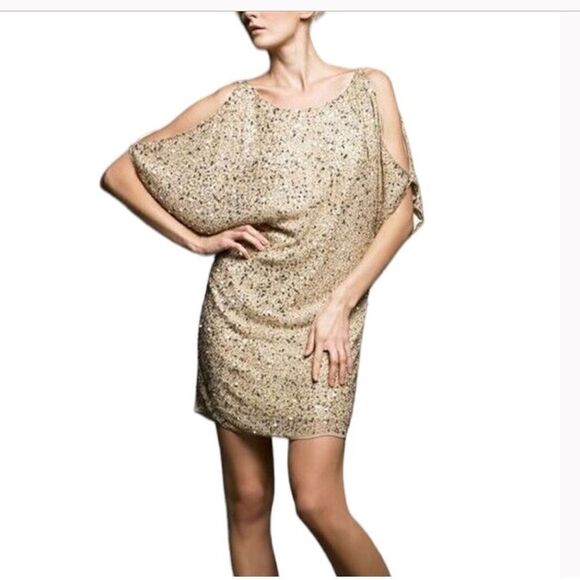 Aidan Mattox Silk Dress Gold Beaded Sequin Cold Shoulder Mini Cocktail Prom Sz 2 - Picture 2 of 15